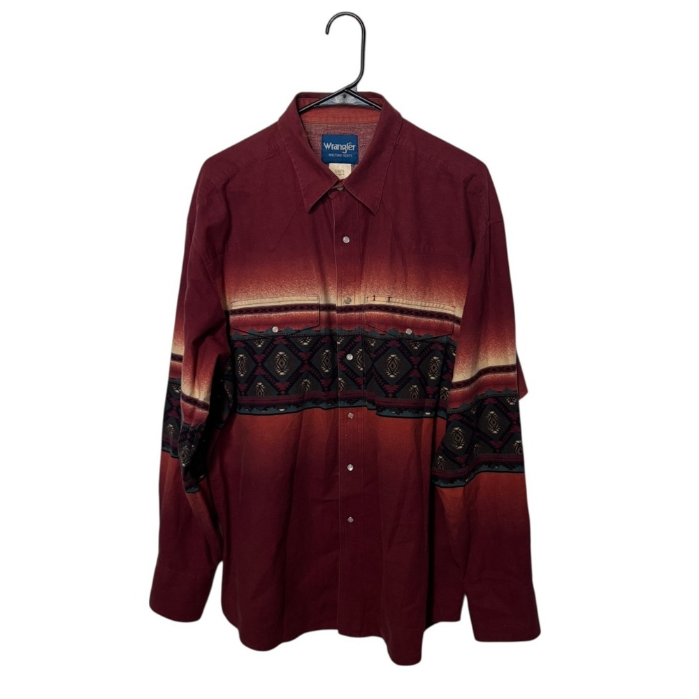 Vintage Wrangler Shirt Mens XL Red Aztec Southwestern Pearl Snap Cowboy Rodeo